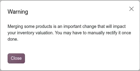 Warning dialog: "Merging some products is an important change that will impact your inventory valuation."