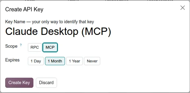 Create API Key dialog with the MCP scope selected