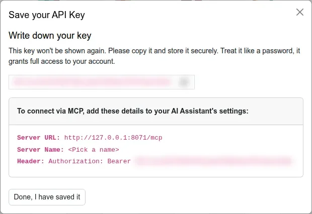 Save your API Key dialog with the MCP connection card, key redacted