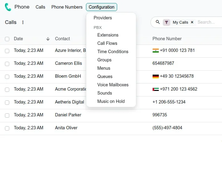 Configuration dropdown of the Phone app listing the PBX menus
