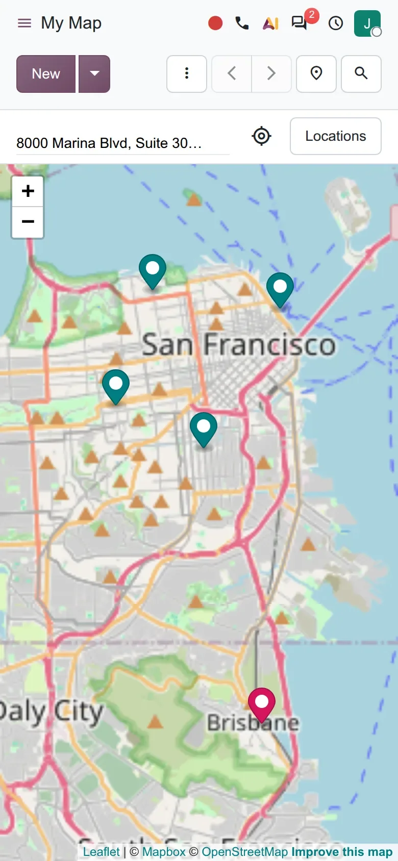 Mobile map showing the technician's four intervention pins in San Francisco and the company pin in Brisbane