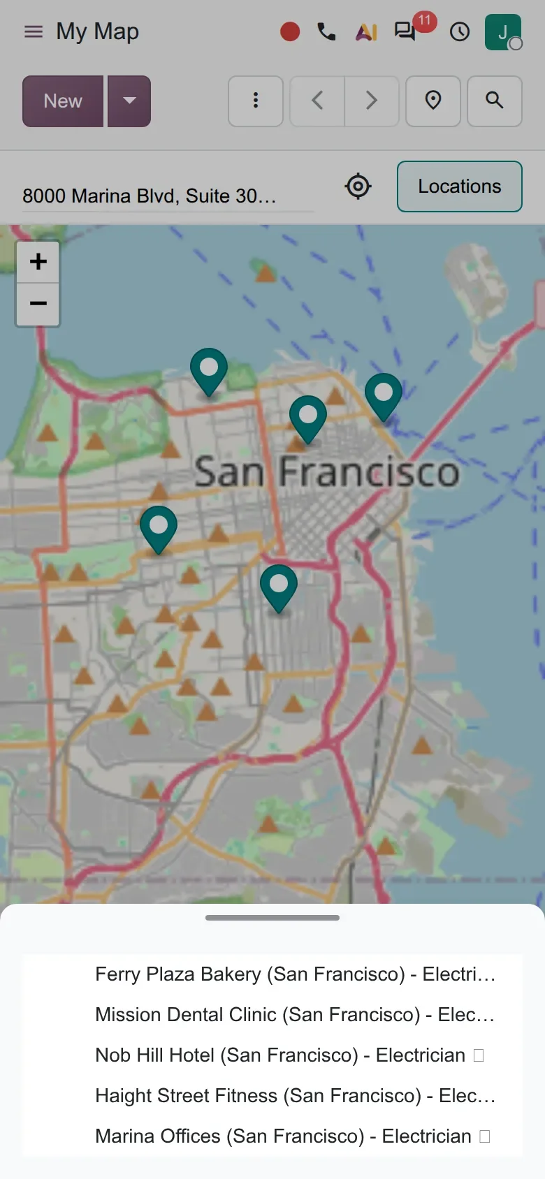 Mobile map with a bottom sheet listing five intervention addresses