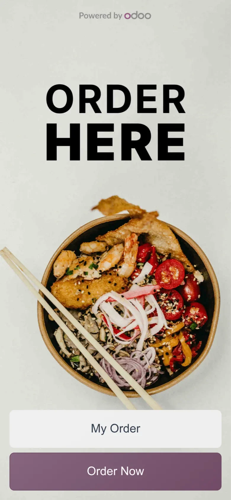Phone screen with "ORDER HERE", a food photo and the buttons My Order and Order Now.