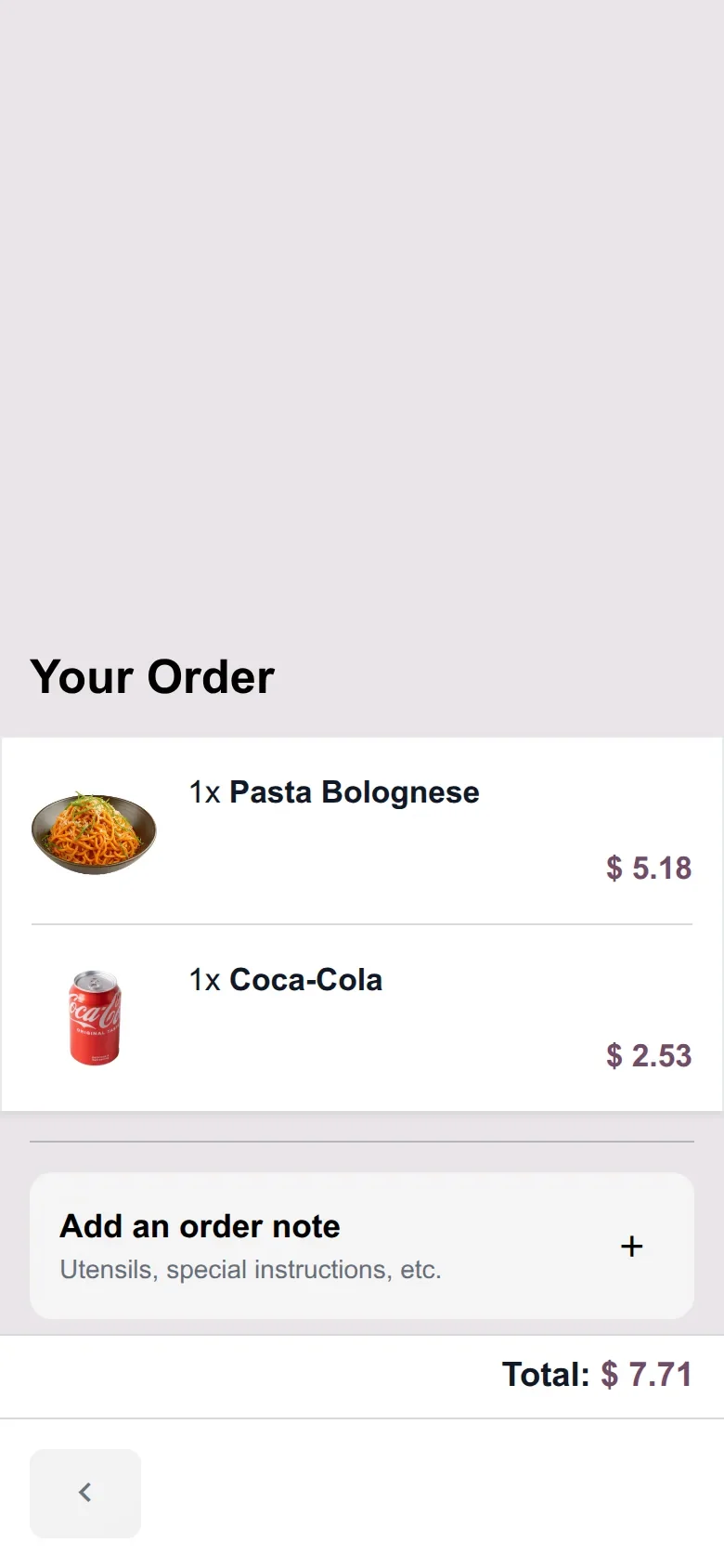 Phone screen "Your Order" listing Pasta Bolognese and Coca-Cola, total $7.71.
