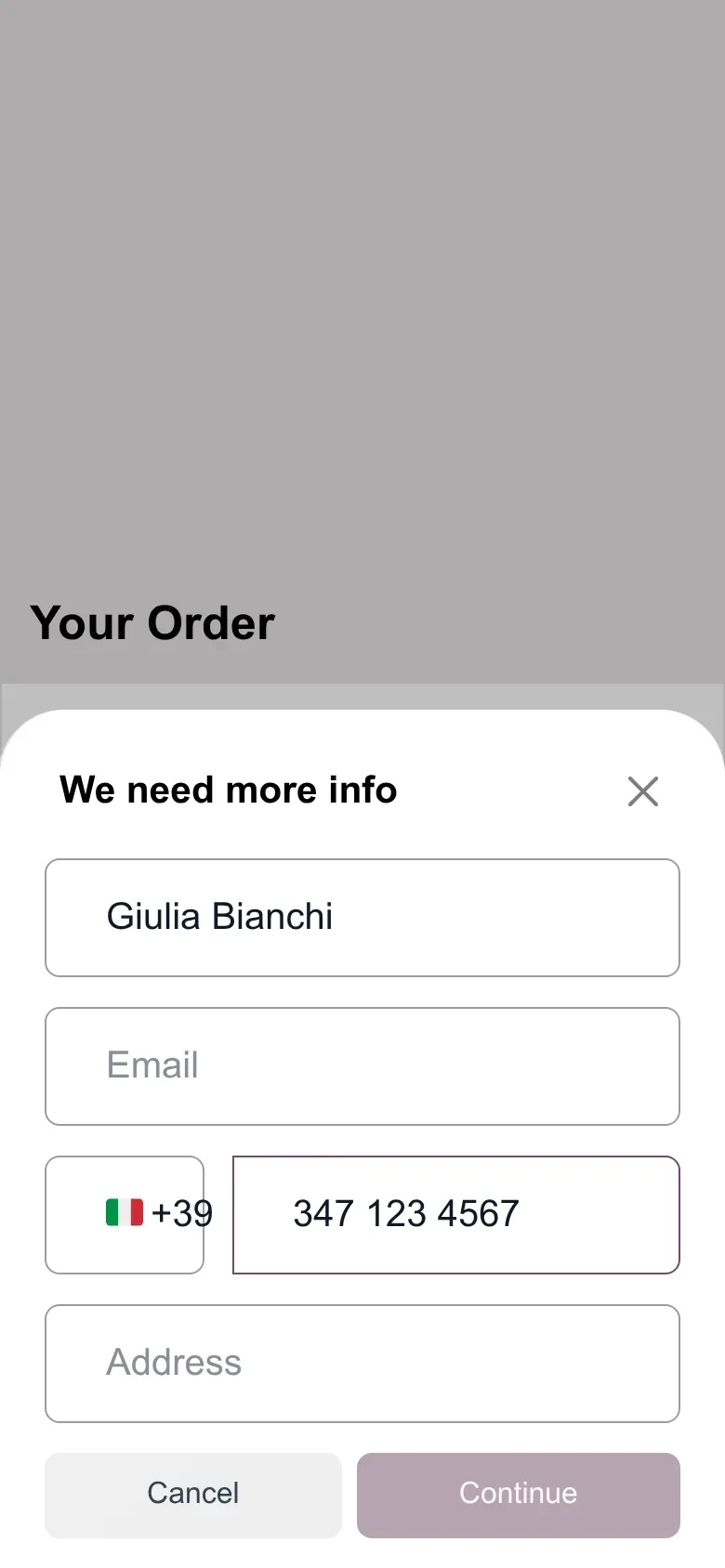 Phone form "We need more info" with the name Giulia Bianchi, an Italian flag and +39 prefix, the phone number, and an address field.