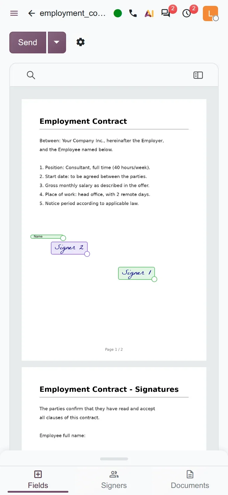 Phone view of the template editor