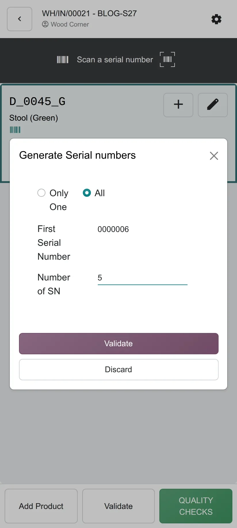 Dialog with All selected, first serial 0000006 and Number of SN 5.