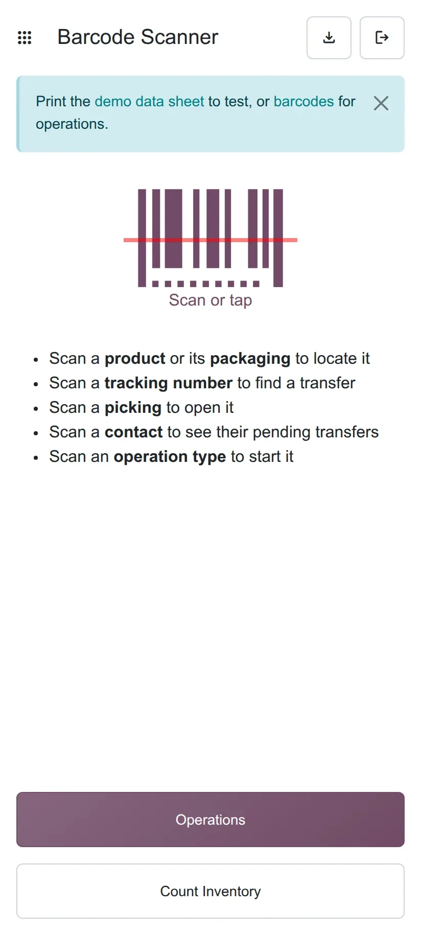 Barcode Scanner home with Scan or tap, a help list and the Operations button.
