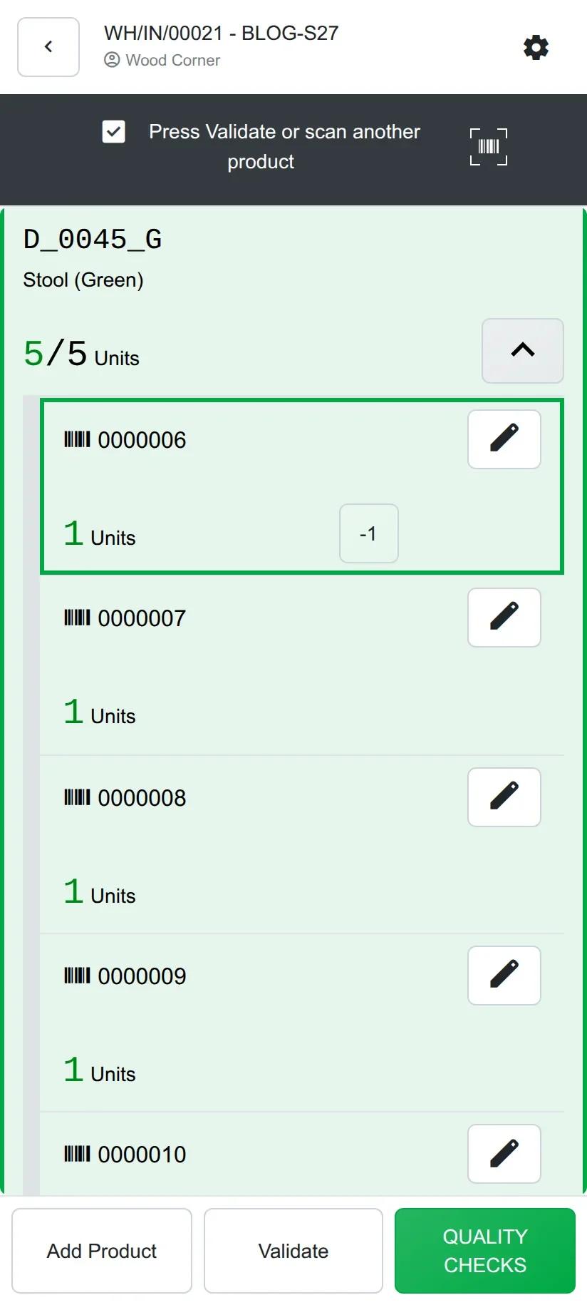 Five sub-lines 0000006 to 0000010, 1 unit each.