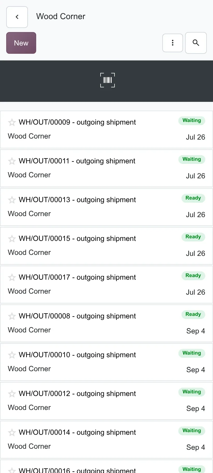Kanban titled "Wood Corner" listing outgoing shipments and receipts.