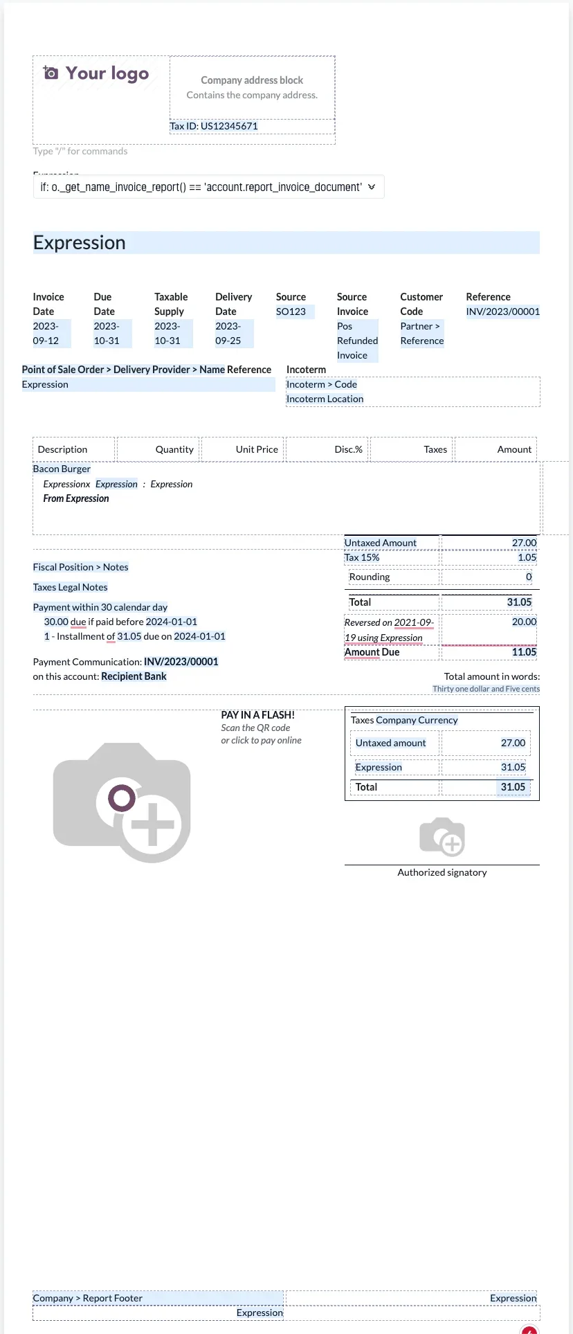 Odoo Studio sidebar on an invoice form showing the field type palette and a custom x_studio field configured with label, technical name, and visibility properties