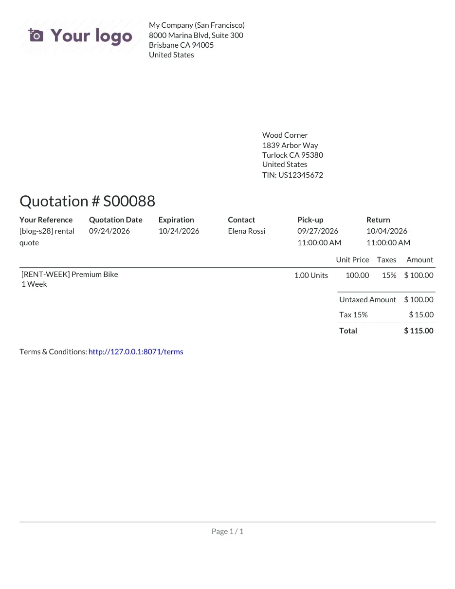 Quotation S00088 PDF for a Premium Bike rental, Pick-up 09/27/2026 and Return 10/04/2026.