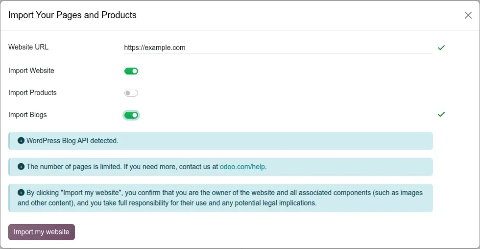 Dialog with Website URL https://example.com, Import Website on, Import Products off, Import Blogs on, and the message "WordPress Blog API detected."