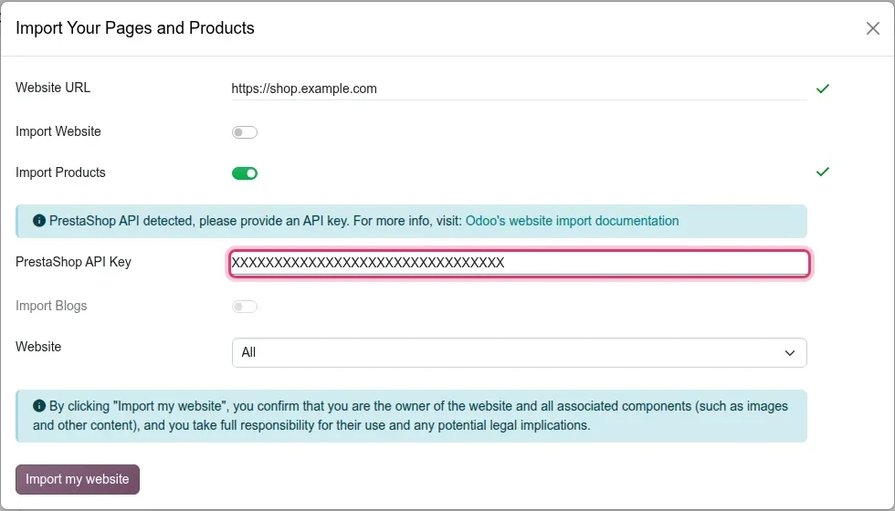 Dialog with Import Products on, the message "PrestaShop API detected, please provide an API key", and a "PrestaShop API Key" field filled with a dummy value.