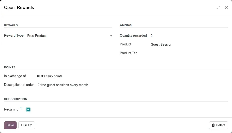 Reward dialog showing Free Product "Guest Session" x2 for 10 Club points, and a SUBSCRIPTION section with Recurring ticked.