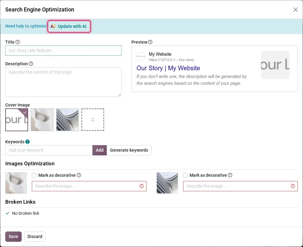 SEO dialog with the Update with AI button highlighted