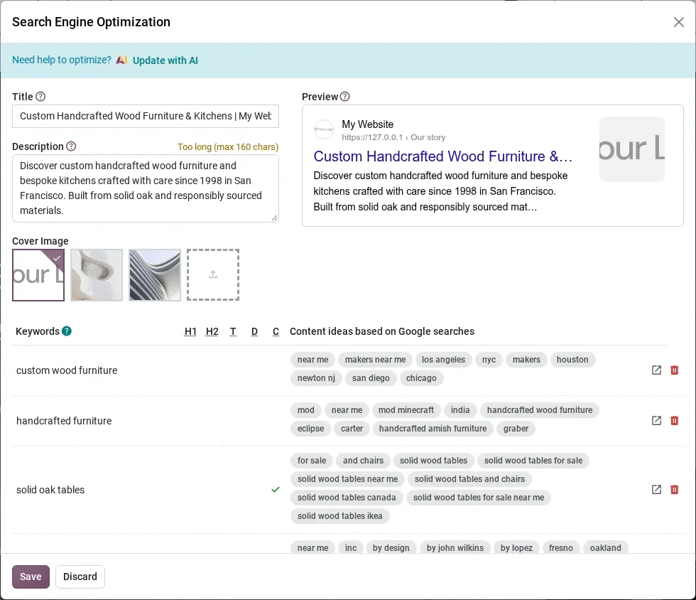 SEO dialog filled with an AI title, description and keyword ideas