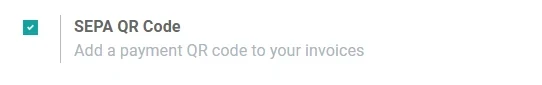 SEPA QR Code toggle activated in Odoo settings with the helper text Add a payment QR code to your invoices