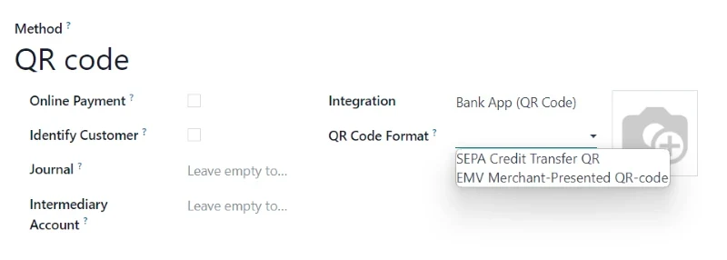 Odoo Customer Payments settings panel listing the available QR payment formats including SEPA QR, Pix, FPS and VietQR