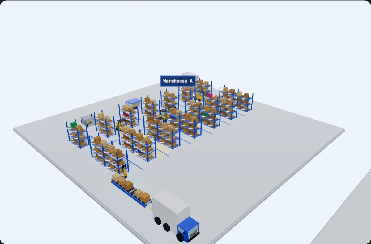 Low-poly 3D warehouse seen from above: blue racking filled with pallets, a forklift in the aisles, a conveyor feeding boxes to a truck at the shipping dock.