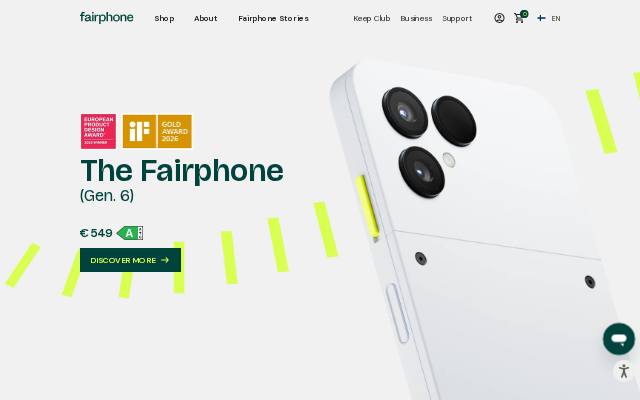 Homepage of Fairphone, built with Odoo