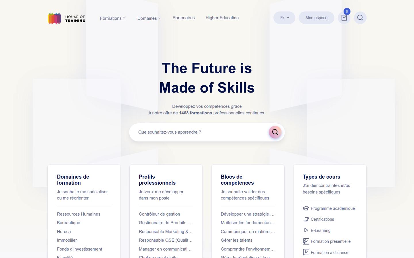 Homepage of House of Training, built with Odoo